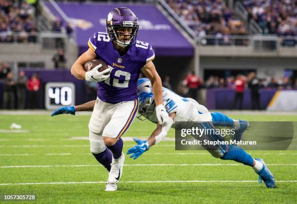 Chad Beebe of the Minnesota Vikings runs with the ball in the first quarter of the game against the Detroit Lions at U.S. Bank Stadium on November 4,...