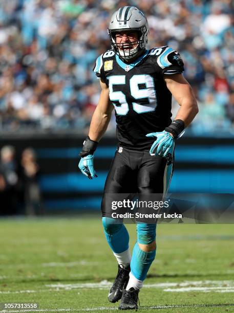 Luke Kuechly of the Carolina Panthers reacts against the Tampa Bay Buccaneers in the second quarter during their game at Bank of America Stadium on...