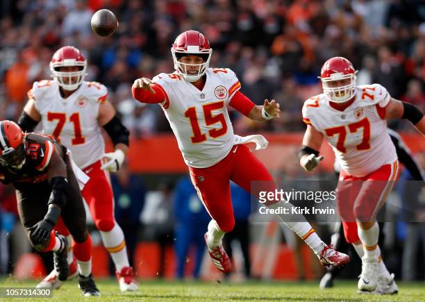 Patrick Mahomes of the Kansas City Chiefs throws a pass during the third quarter against the Cleveland Browns at FirstEnergy Stadium on November 4,...