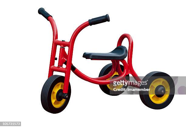 childs tricycle red modern, isolated on white background - bicycle isolated stockfoto's en -beelden