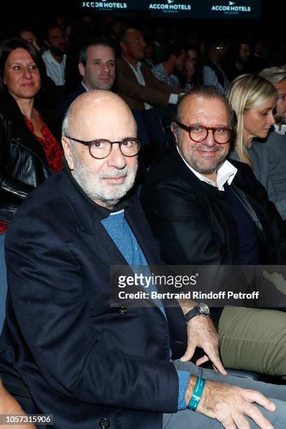 Productor Alain Sarde and Lawyer Herve Temime attend Rolex Paris Master during day seven of the Rolex Paris Masters on November 4, 2018 in Paris,...