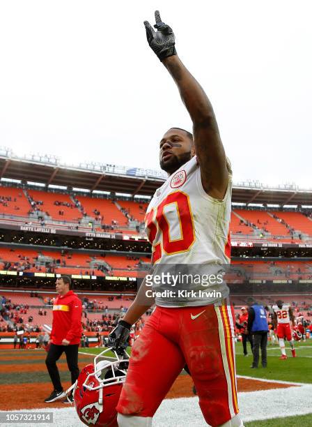 Steven Nelson of the Kansas City Chiefs walks off the field after a 37-21 win over the Cleveland Browns at FirstEnergy Stadium on November 4, 2018 in...