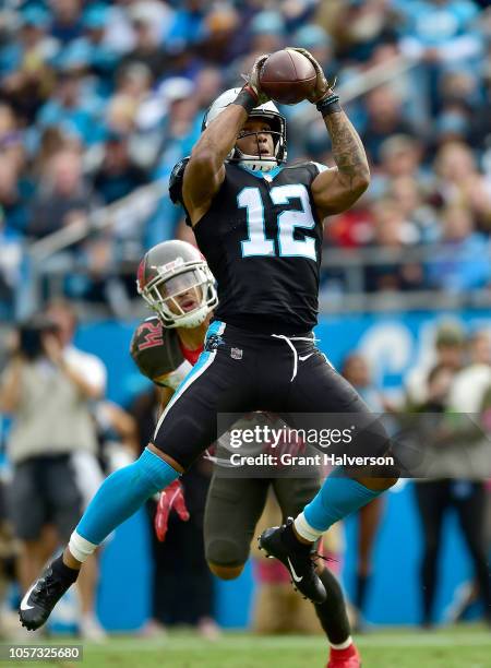 Moore of the Carolina Panthers makes a catch against Brent Grimes of the Tampa Bay Buccaneers during the third quarter of their game at Bank of...