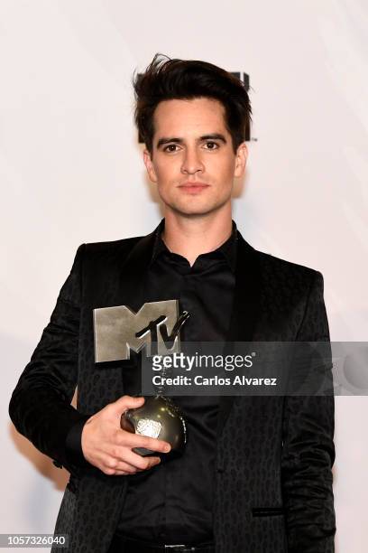 Brendon Urie of Panic! At The Disco poses with the Best Alternative award in the Winners room during the MTV EMAs 2018 at Bilbao Exhibition Centre on...