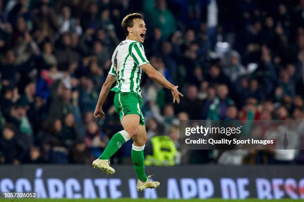Sergio Canales of Real Betis celebrates after scoring his team's third goal during the La Liga match between Real Betis Balompie and RC Celta de Vigo...