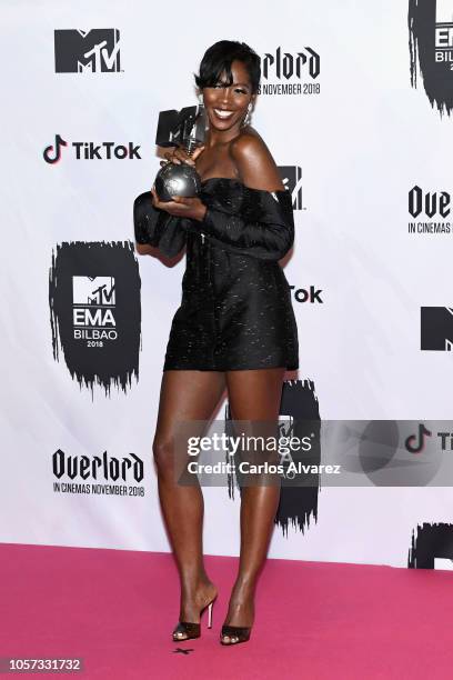 Tiwa Savage poses with Best African Act Award in the Winners room during the MTV EMAs 2018 at Bilbao Exhibition Centre on November 4, 2018 in Bilbao,...