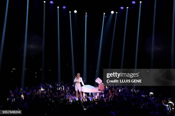 English singer Anne-Marie and US DJ-producer Marshmello perform during the MTV Europe Music Awards at the Bizkaia Arena in the northern Spanish city...