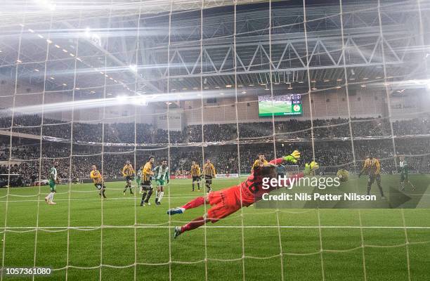 Peter Abrahamsson of BK Hacken makes a save during the Allsvenskan match between Hammarby IF and BK Hacken at Tele2 Arena on November 4, 2018 in...
