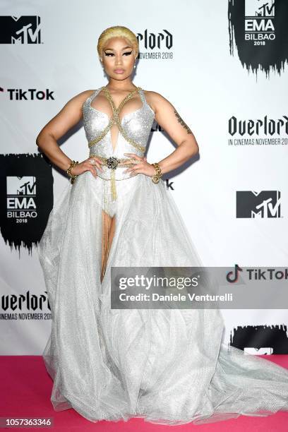 Nicki Minaj poses in the Winners room after winning the Best Look and Best Hip Hop awards during the MTV EMAs 2018 on November 4, 2018 in Bilbao,...