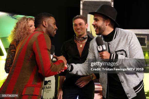 Becca Dudley, Jason Derulo, Joey Essex and Hugo Gloss backstage during the MTV EMAs 2018 at Bilbao Exhibition Centre on November 4, 2018 in Bilbao,...