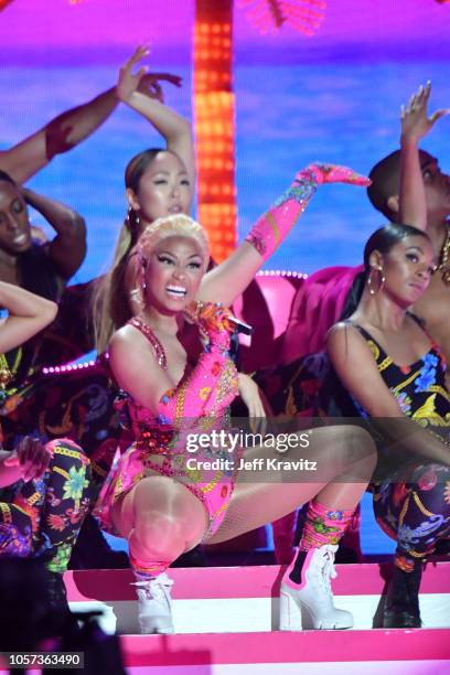 Nicki Minaj performs on stage during the MTV EMAs 2018 on November 4, 2018 in Bilbao, Spain.