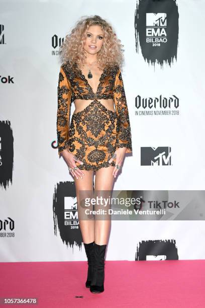 Becca Dudley poses in the Winners room during the MTV EMAs 2018 on November 4, 2018 in Bilbao, Spain.
