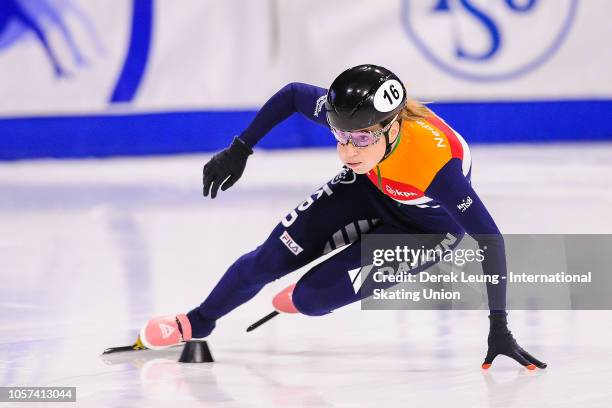 Lara Van Ruijven of The Netherlands placed first in the women's 500m final with a time of 43.070s during the ISU World Cup Short Track Calgary at the...