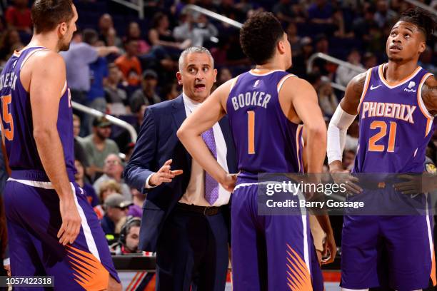 Head Coach Igor Kokoskov of the Phoenix Suns speaks to the team during the game against the Memphis Grizzlies on November 4, 2018 at Talking Stick...