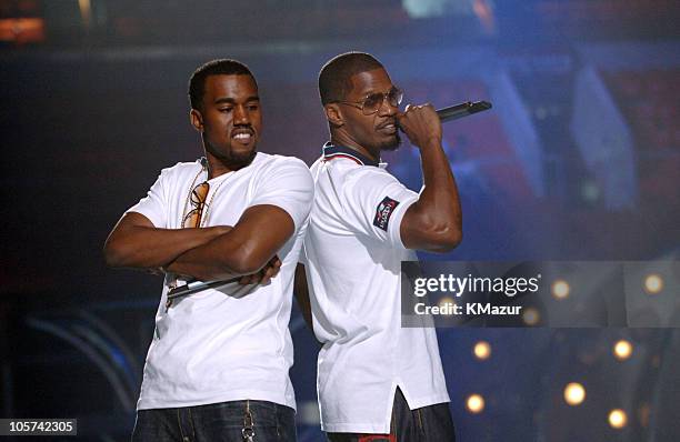 Kanye West and Jamie Foxx during 2005 MTV Video Music Awards - Rehearsals - Day 1 at American Airlines Arena in Miami, Florida, United States.