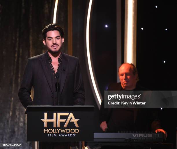 Adam Lambert introduces Hans Zimmer onstage during the 22nd Annual Hollywood Film Awards at The Beverly Hilton Hotel on November 4, 2018 in Beverly...