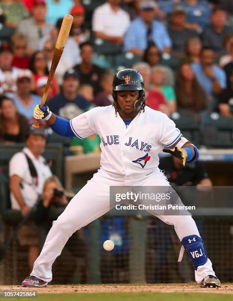 West All-Star, Vladimir Guerrero Jr of the Toronto Blue Jays bats during the Arizona Fall League All Star Game at Surprise Stadium on November 3,...