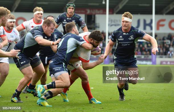 Rob Webber of Sale Sharks is tackled by Caolin Blade of Connacht Rugby during the Challenge Cup match between Sale Sharks and Connacht Rugby at AJ...
