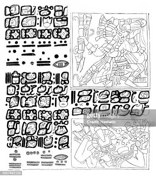 aztec hieroglyphics from 1870 - mayan stock illustrations
