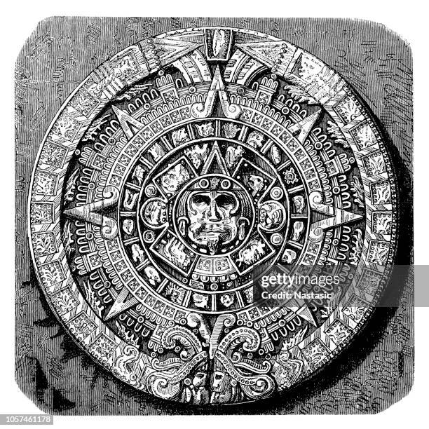 ilustraciones, imágenes clip art, dibujos animados e iconos de stock de calendario azteca - calendario azteca
