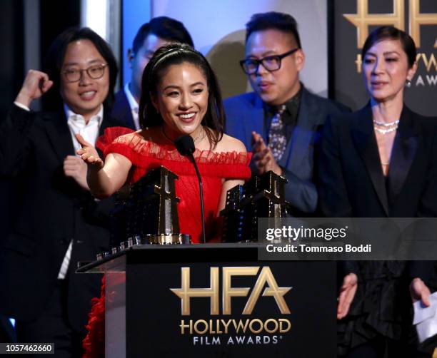 Jimmy O. Yang, Constance Wu, Nico Santos, and Michelle Yeoh accept the Hollywood Breakout Ensemble Award for "Crazy Rich Asians" onstage during the...