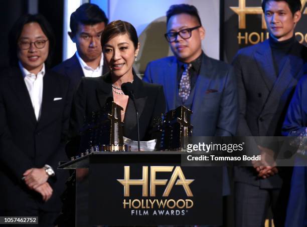 Jimmy O. Yang, Ronny Chieng, Michelle Yeoh, Nico Santos, and Harry Shum Jr. Accept the Hollywood Breakout Ensemble Award for "Crazy Rich Asians"...