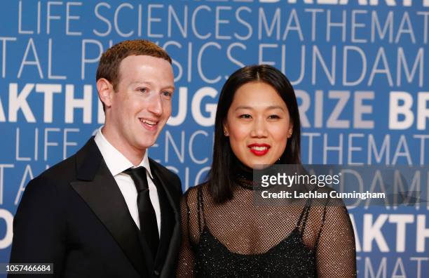 Mark Zuckerberg and Priscilla Chan attend the 2019 Breakthrough Prize at NASA Ames Research Center on November 4, 2018 in Mountain View, California.