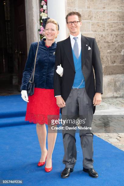 Prince Manuel of Bavaria and his wife Princess Anna of Bavaria arrive at the Saint-Quirin Church for the wedding of Duchess Sophie of Wurttemberg and...