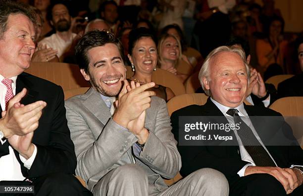 John Madden , Anthony Hopkins and Jake Gyllenhaal during 2005 Venice Film Festival - "Proof" Premiere - Inside at Palazzo del Cinema in Venice Lido,...