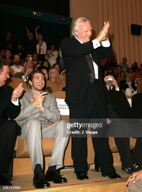 Jake Gyllenhaal and Anthony Hopkins during 2005 Venice Film Festival - "Proof" Premiere - Inside at Palazzo del Cinema in Venice Lido, Italy.