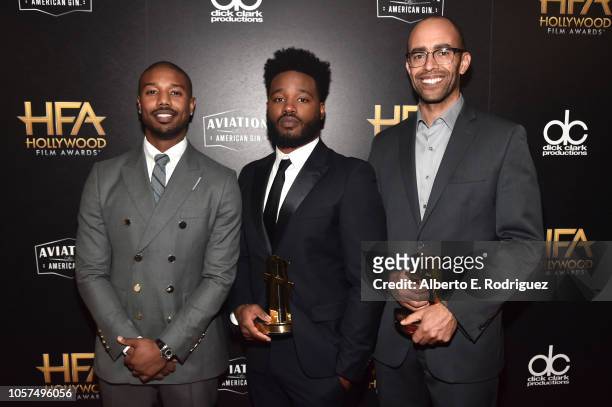 Ryan Coogler and Nate Moore , Hollywood Film Award recipients, pose with Michael B. Jordan in the press room during the 22nd Annual Hollywood Film...