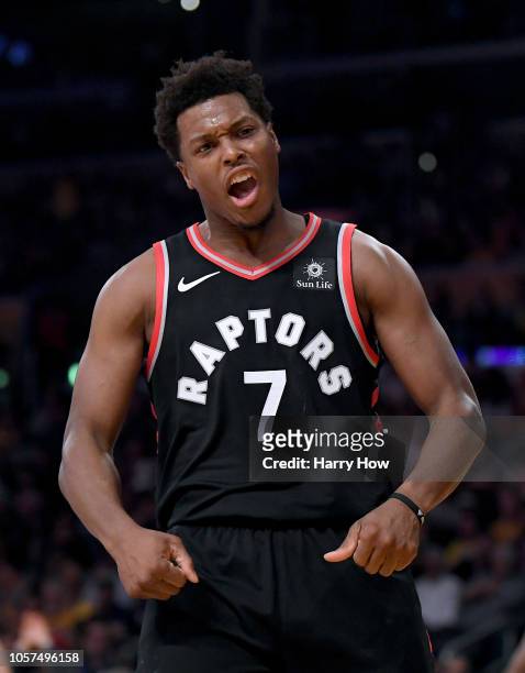 Kyle Lowry of the Toronto Raptors celebrates his basket with a foul during the first half against the Los Angeles Lakers at Staples Center on...