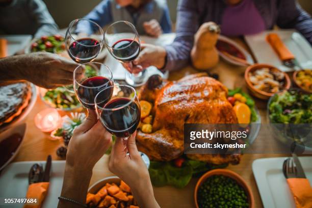 ein hoch auf dieses große thanksgiving-dinner! - warmes abendessen stock-fotos und bilder