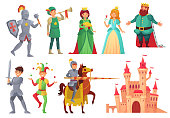 Medieval characters. Royal knight with lance on horseback, princess, kingdom king and queen isolated vector character set