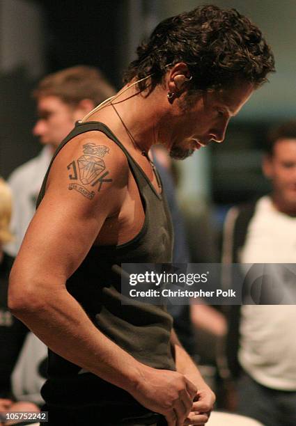 Chris Cornell of Audioslave during The 106.7 KROQ "Weenie Roast" Concert 2005 - Backstage at Verizon Wireless Amphitheatre in Irvine, California,...