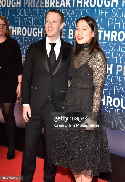 Mark Zuckerberg and Priscilla Chan attend the 2019 Breakthrough Prize at NASA Ames Research Center on November 4, 2018 in Mountain View, California.