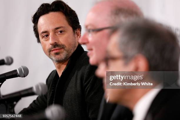 Charles Kane, Eugene Mele, and Sergey Brin attend the 2019 Breakthrough Prize at NASA Ames Research Center on November 4, 2018 in Mountain View,...