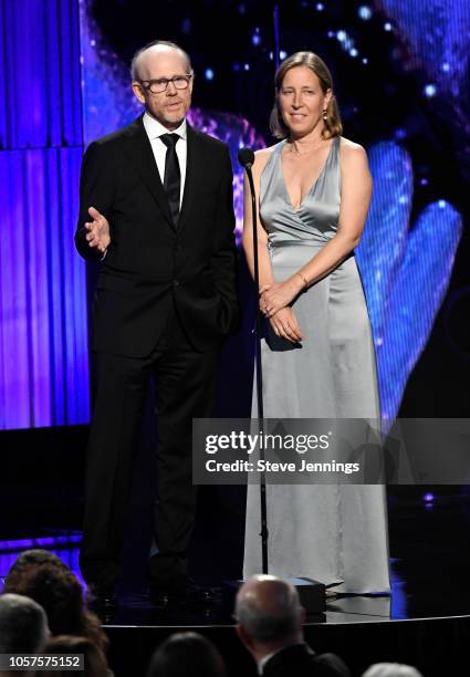Ron Howard and Susan Wojcicki onstage at the 2019 Breakthrough Prize at NASA Ames Research Center on November 4, 2018 in Mountain View, California.