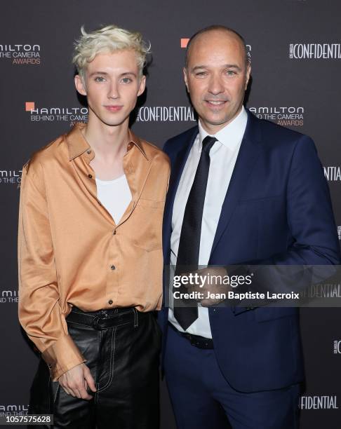 Troye Sivan and Sylvain Dolla attend the Hamilton Behind the Camera Awards presented by Los Angeles Confidential Magazine on November 4, 2018 in Los...