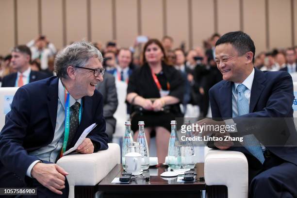 Microsoft founder Bill Gates talks with Alibaba Chairman Jack Ma bfore duirng the Hongqiao International Economic and Trade Forum in the China...