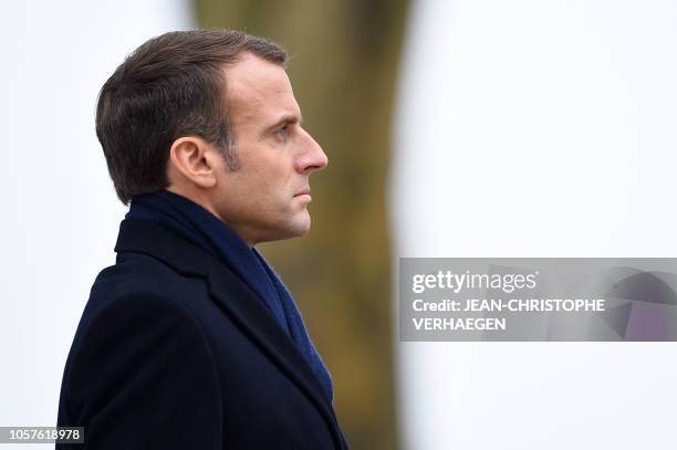 French President Emmanuel Macron attends a ceremony in tribute to the French soldiers killed in August 1914 during border battles, at the monument in...