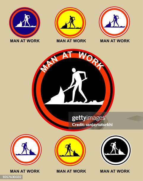 man at work , men at work sign - construction sign stock illustrations