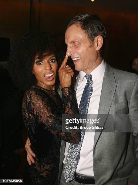 Kerry Washington and Tony Goldwyn pose at the opening night after party for the new hit play "American Son" on Broadway at Brasserie 8 1/2 French...