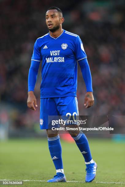 Loic Damour of Cardiff looks on during the Premier League match between Liverpool and Cardiff City at Anfield on October 27, 2018 in Liverpool,...