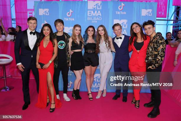 Tami, Sky, Houssein South, Amelia Gething, Vicky Banham, Tessa Bear, Casper, Laura Edwards and Luciano Spinelli attend the MTV EMAs 2018 on November...