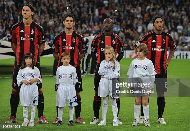 Zlatan Ibrahimovic , Pato , Clarence Seedorf and Ronaldinho lineup before the start of the UEFA Champions League Group G match between Real Madrid...