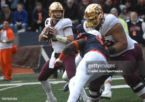 Minnesota Golden Gophers quarterback Tanner Morgan looks to pass during a Big Ten Conference football game on November 3 at Memorial Stadium,...