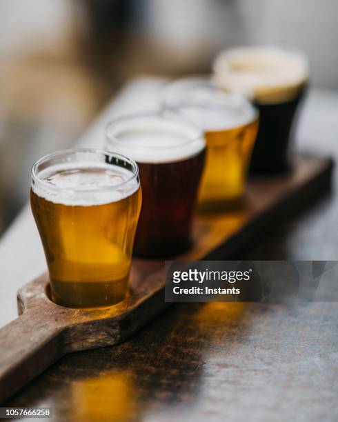 close-up shot of a variety of beers, also known as a beer flight, as served in a microbrewery. - microbrewery stock pictures, royalty-free photos & images