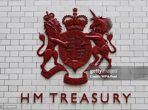 The sign for Her Majety's Treasury is seen inside the Treasury building on October 20, 2010 in central London, England. Chancellor of the Exchequer...