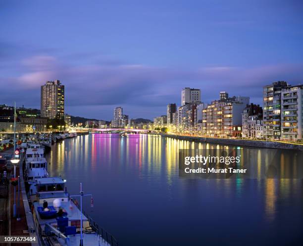 panoramic skyline view of liege at dusk - liegi foto e immagini stock